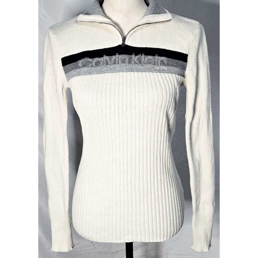 Calvin Klein Jeans Spellout Knit Sweater Ribbed Logo Y2K Vintage Ivory Gray